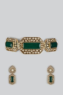 Gold Finish Kundan Polki & Emerald Stone Choker Necklace Set