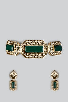 Gold Finish Kundan Polki & Emerald Stone Choker Necklace Set