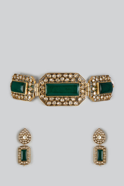 Gold Finish Kundan Polki & Emerald Stone Choker Necklace Set