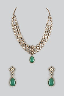 Gold Finish Moissanite Polki & Green Cabochon Layered Necklace Set