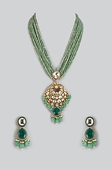 Gold Finish Kundan Polki & Emerald Doublet Stone Long Necklace Set