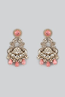 Gold Finish Kundan Polki & Peach Beaded Chandbaali Earrings
