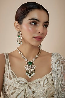 Gold Finish Moissanite Polki & Emerald Doublet Stone Long Necklace Set