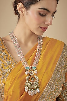 Gold Finish Rose Quartz Beaded & Paachi Kundan Polki Long Necklace