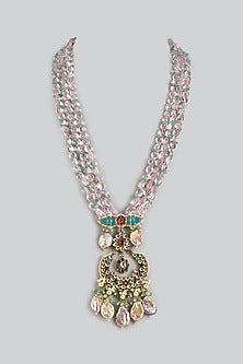 Gold Finish Rose Quartz Beaded & Paachi Kundan Polki Long Necklace