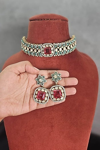 Two Tone Finish Moissanite & Ruby Doublet Choker Necklace Set