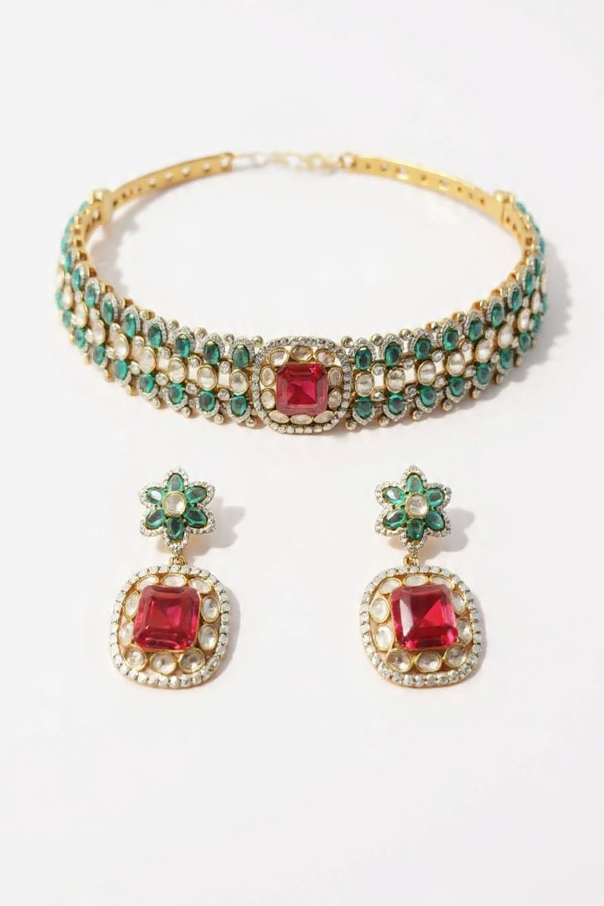 Two Tone Finish Moissanite & Ruby Doublet Choker Necklace Set