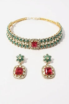 Two Tone Finish Moissanite & Ruby Doublet Choker Necklace Set