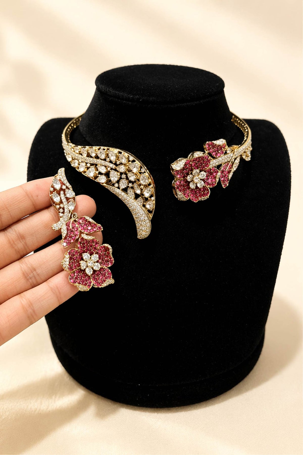Gold Finish Moissanite & Ruby Choker Necklace Set