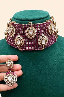 Gold Finish Moissanite & Ruby Choker Necklace Set