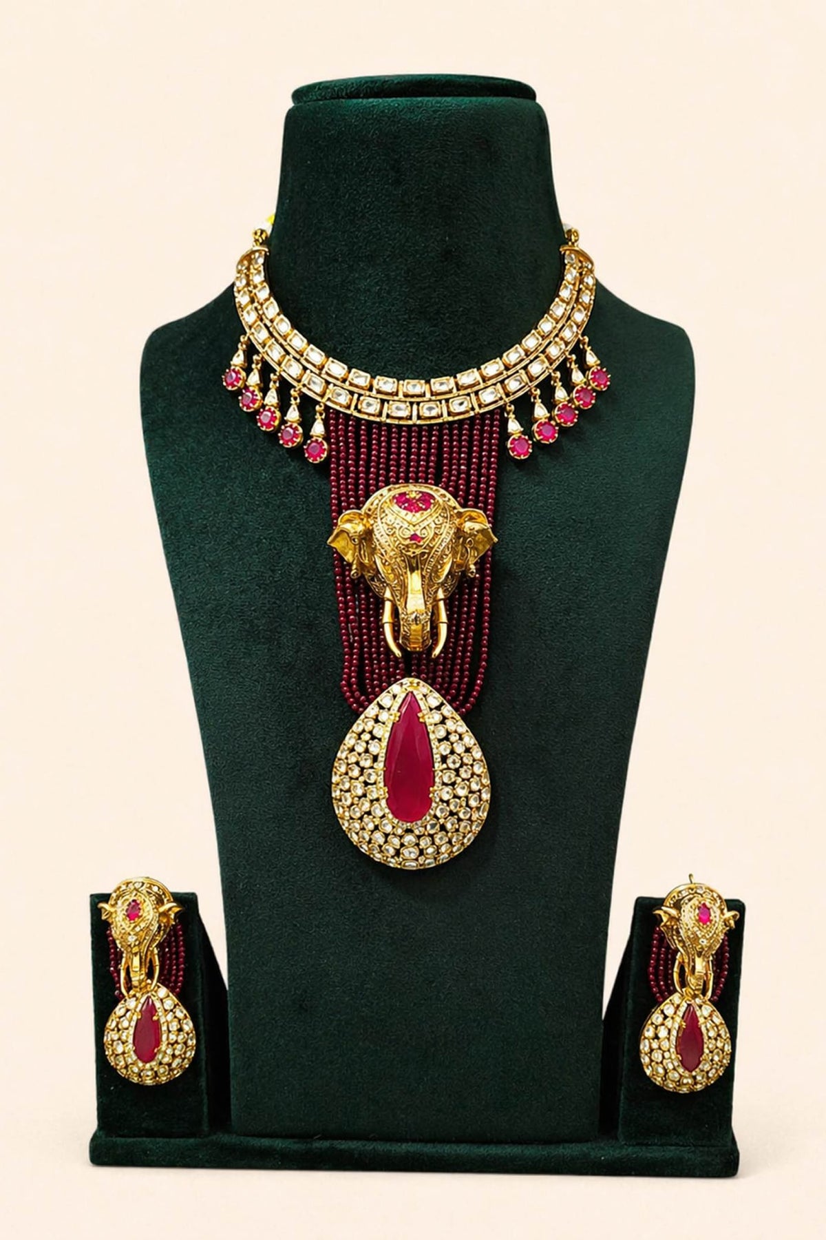 Gold Plated Moissanite & Ruby Stone Necklace Set
