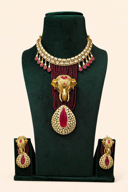 Gold Plated Moissanite & Ruby Stone Necklace Set