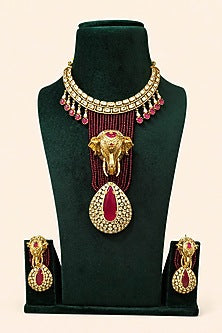 Gold Plated Moissanite & Ruby Stone Necklace Set