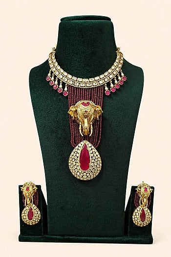 Gold Plated Moissanite & Ruby Stone Necklace Set