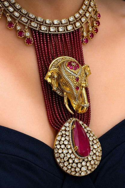Gold Plated Moissanite & Ruby Stone Necklace Set