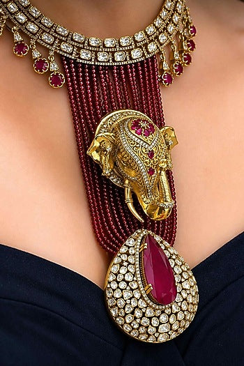 Gold Plated Moissanite & Ruby Stone Necklace Set