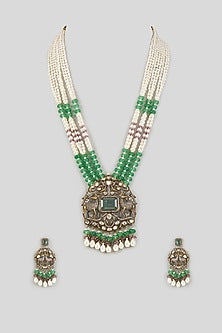 Two-Tone Finish Pearl & Green Aventurine Beaded Long Necklace Set