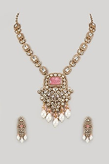 Gold Finish Kundan Polki & Rose Doublet Stone Long Necklace Set