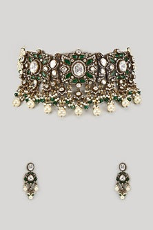 Black Rhodium Finish Moissanite Polki & Emerald Stone Choker Necklace Set