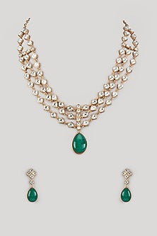 Gold Finish Moissanite Polki & Emerald Cabochon Stone Layered Necklace Set