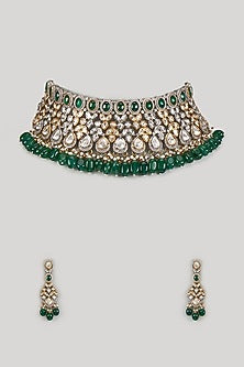 Two-Tone Finish Uncut Kundan Polki & Emerald Stone Handcrafted Choker Necklace Set
