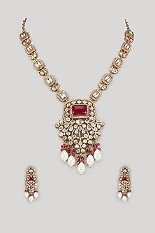 Gold Finish Moissanite & Ruby Doublet Stone Long Necklace Set