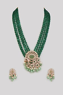 Gold Finish Uncut Kundan Polki & Emerald Agate Beaded Long Necklace Set