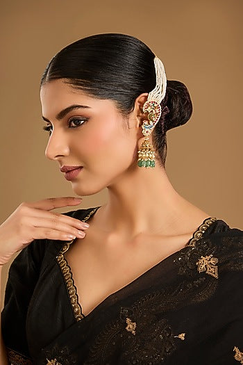 Gold Finish Kundan Polki & Pearl Jhumka Earrings