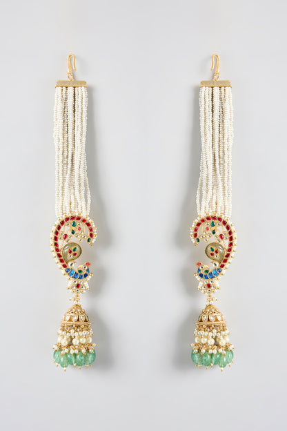 Gold Finish Kundan Polki & Pearl Jhumka Earrings