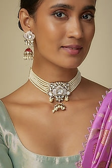 Gold Finish Uncut Kundan Polki & Pearl Red Enameled Choker Necklace Set