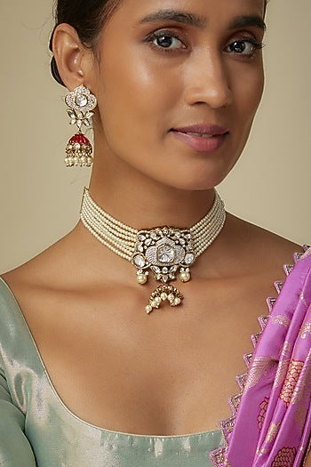 Gold Finish Uncut Kundan Polki & Pearl Red Enameled Choker Necklace Set