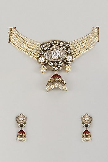 Gold Finish Uncut Kundan Polki & Pearl Red Enameled Choker Necklace Set
