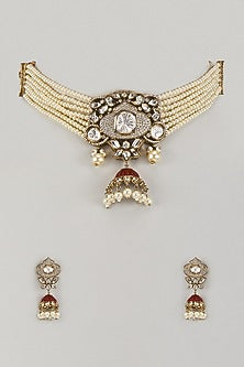 Gold Finish Uncut Kundan Polki & Pearl Red Enameled Choker Necklace Set