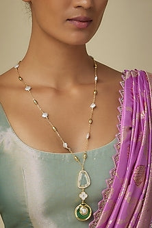 Gold Finish Freshwater Pearl Green Enameled Long Pendant Necklace