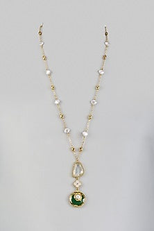 Gold Finish Freshwater Pearl Green Enameled Long Pendant Necklace