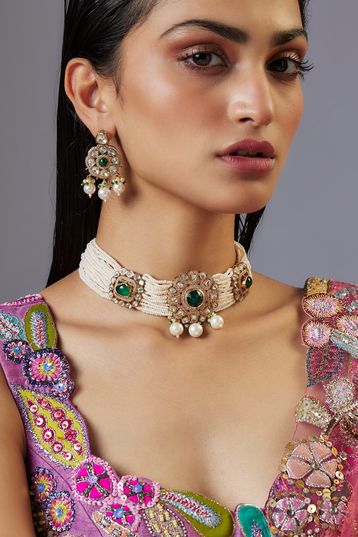 Gold Finish Moissanite Polki & Green Stone Choker Necklace Set