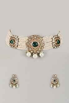 Gold Finish Moissanite Polki & Green Stone Choker Necklace Set