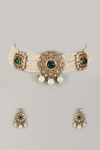 Gold Finish Moissanite Polki & Green Stone Choker Necklace Set