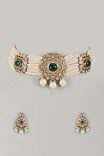 Gold Finish Moissanite Polki & Green Stone Choker Necklace Set