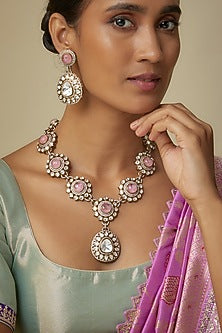 Antique Gold Finish Rose Pink Doublet Stone & Uncut Kundan Polki Long Necklace Set