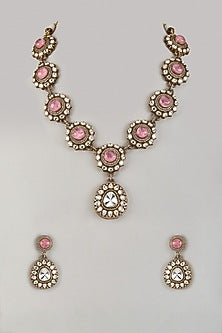Antique Gold Finish Rose Pink Doublet Stone & Uncut Kundan Polki Long Necklace Set