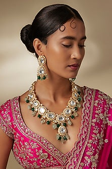 Gold Finish Moissanite Polki & Emerald Beaded Long Necklace Set
