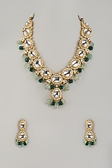 Gold Finish Moissanite Polki & Emerald Beaded Long Necklace Set