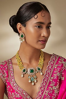 Gold Finish Kundan Polki & Yellow Beaded Long Necklace Set