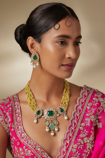 Gold Finish Kundan Polki & Yellow Beaded Long Necklace Set