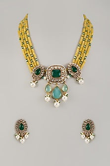 Gold Finish Kundan Polki & Yellow Beaded Long Necklace Set