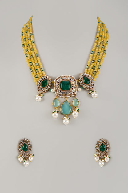 Gold Finish Kundan Polki & Yellow Beaded Long Necklace Set
