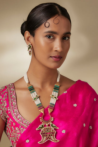 Gold Finish Kundan Polki & Multi-Colored Gemstone Long Beaded Necklace Set