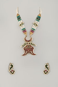 Gold Finish Kundan Polki & Multi-Colored Gemstone Long Beaded Necklace Set