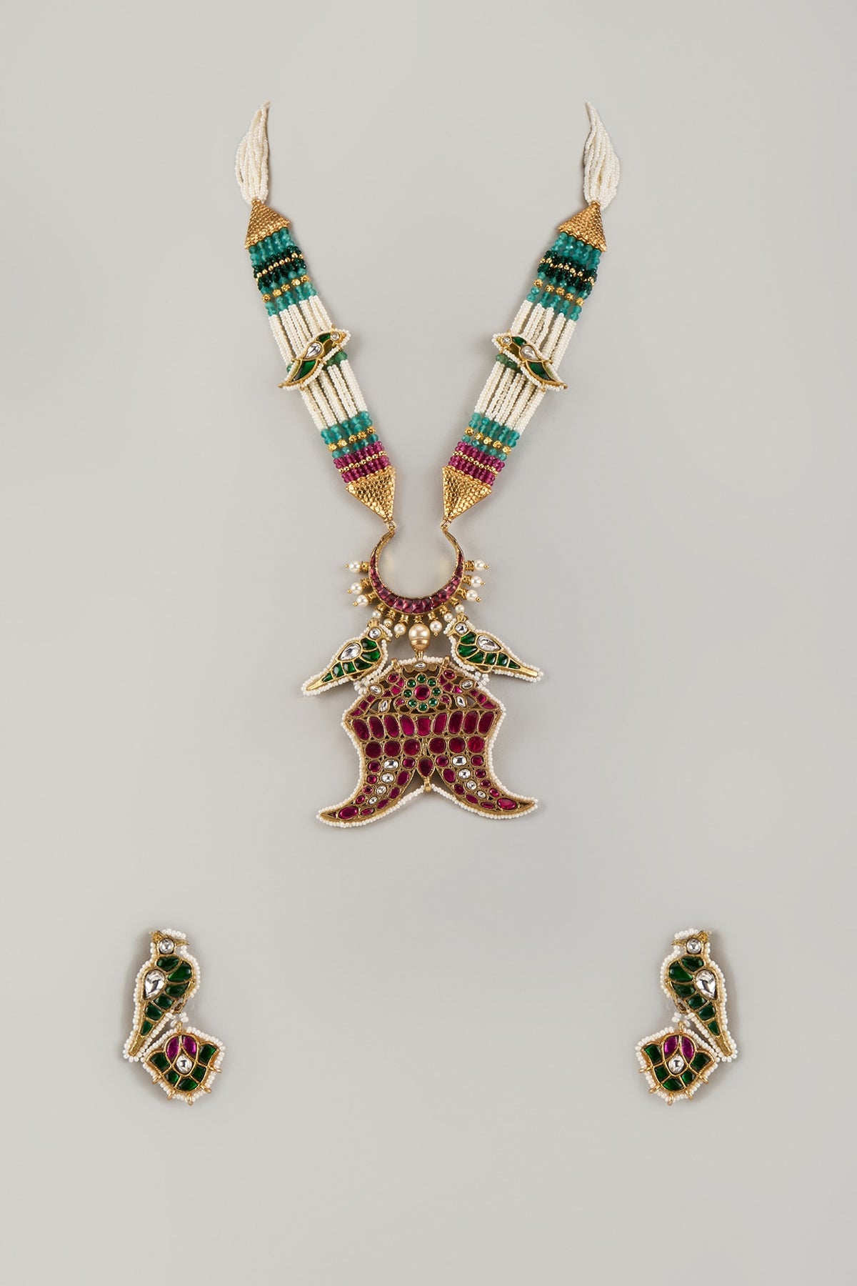 Gold Finish Kundan Polki & Multi-Colored Gemstone Long Beaded Necklace Set